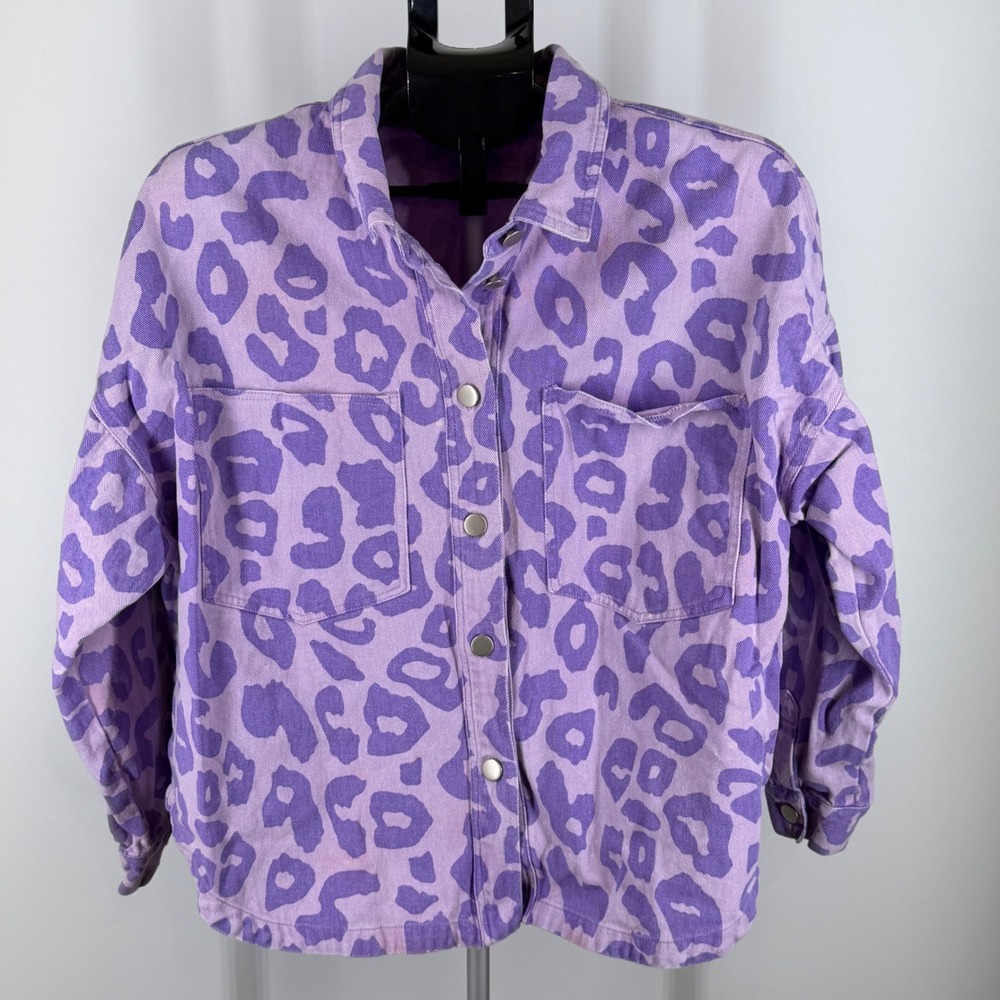 Easel Purple Leopard Print Denim Shacket‎ Jacket Womens M